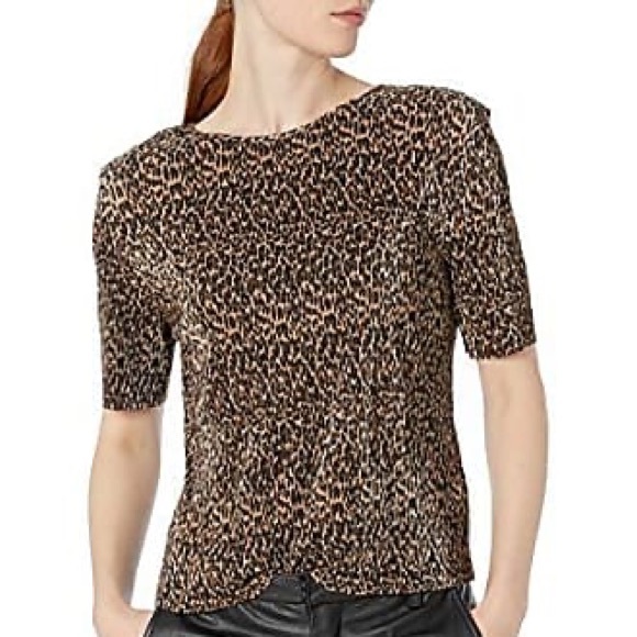 THE FIFTH LABEL Top Leopard S/S Strtch Permanent Pleated Poly NWT L 12 - Picture 1 of 7